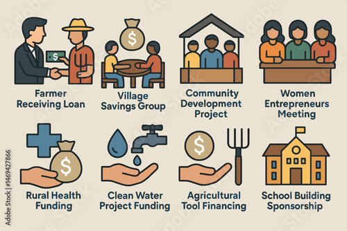 Community development linear icons set – solid, flat, social welfare symbols