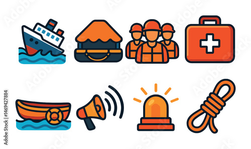 Maritime safety icons set – filled, solid, emergency and rescue symbols
