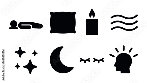 Sleep and relaxation icons set – solid, filled, bedtime and calming symbols