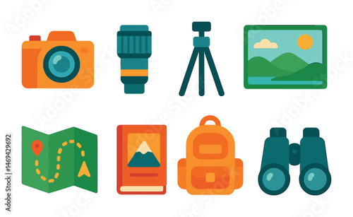 Travel and adventure flat icons set – outline, trip, vacation symbols