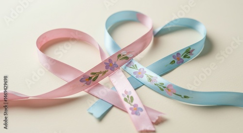 Two intertwined ribbons with delicate floral patterns.