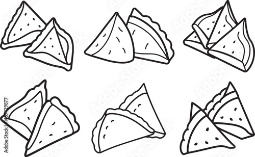 set of tasty crispy samosa line art, black outline, vector and illustration, coloring book page line art drawing