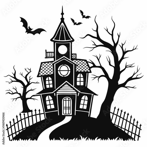 Haunted Halloween house line art silhouette vector