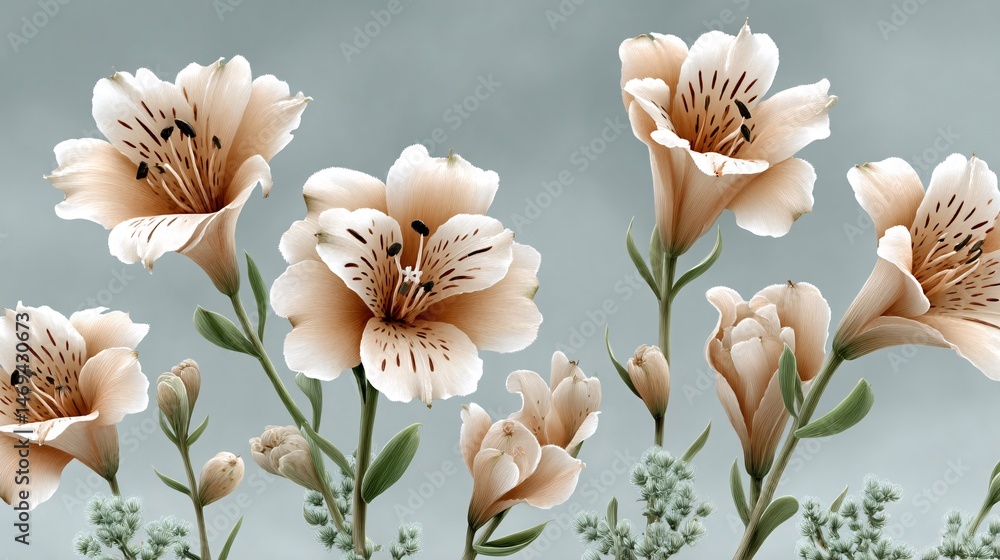 Fototapeta premium Elegant Cream-Colored Flowers with Delicate Petals and Green Leaves Against a Soft Background