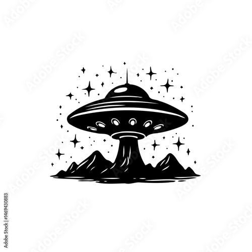 Stylized monochrome drawing depicts a ufo over a jagged mountain silhouette