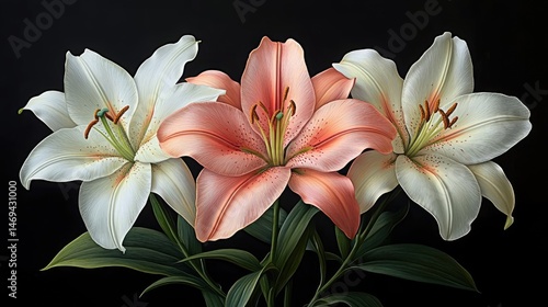 Close-up view of three elegant lilies in contrasting colors.