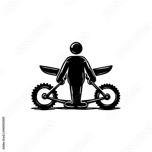 Stylized monochrome representation of a stick figure rider with a dirtbike
