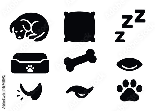Pet care and relaxation solid icons set – silhouette, filled, animal welfare symbols