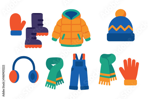 Winter clothing flat icons set – warm, cozy, apparel and accessories symbols