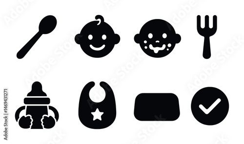 Baby and toddler solid icons set – filled, infant care and nursery symbols