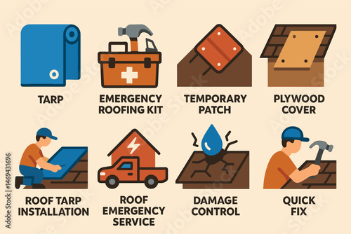 Emergency roofing icons set – flat, solid, repair and quick fix symbols