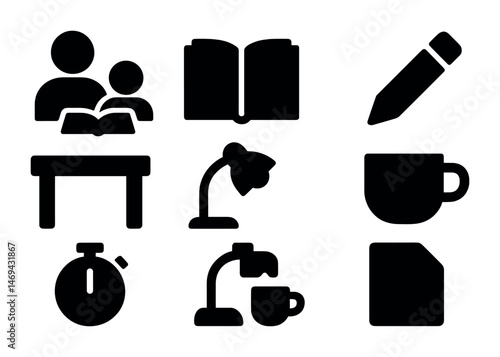 Home and office solid icons set – filled, silhouette, productivity symbols