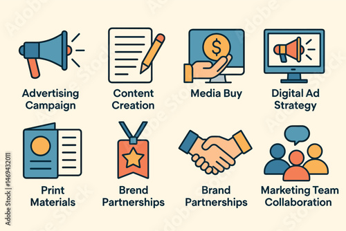 Marketing and advertising icons set – outline, linear, branding and strategy symbols