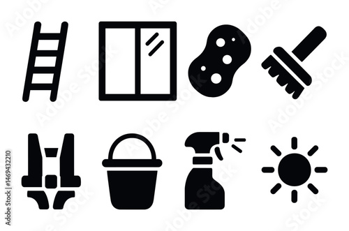 Cleaning tools solid icons set – detailed, filled, housekeeping and sanitation symbols