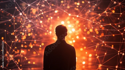 Man facing a vibrant network of glowing connections on an orange background