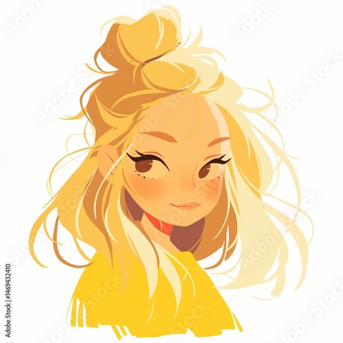 Cartoon portrait of stylish blonde with a bun hairstyle.
