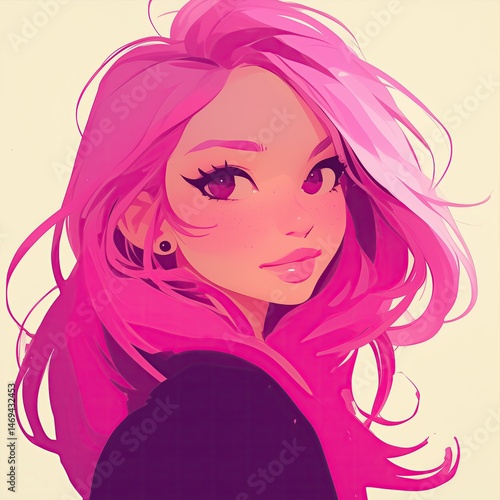 Cartoon illustration of glamorous kawaii girl with long pink hair.