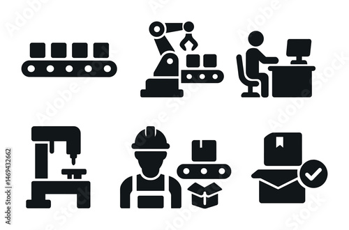 Industrial and manufacturing solid icons set – automation, factory, production symbols