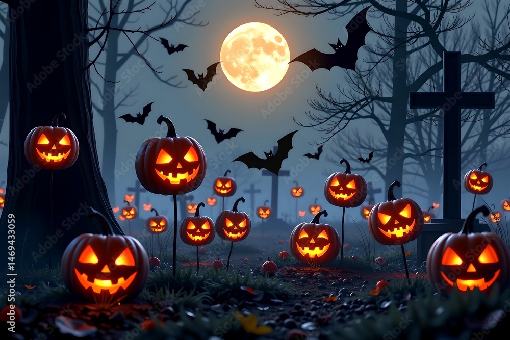 Spooky Halloween Night Scene Jack o' lanterns in a Graveyard Moonlight Bats Spooky Halloween Night Scene Jack o' lanterns in a Graveyard Moonlight Bats