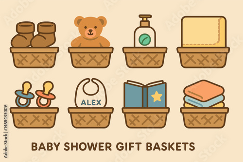 Baby shower line icons set – filled, gift, new parent symbols