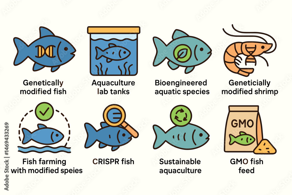 Genetically modified fish icons set – flat, outline, aquaculture and laboratory symbols Genetically modified fish icons set – flat, outline, aquaculture and laboratory symbols