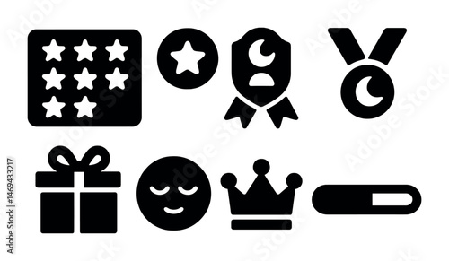 Rewards and achievements solid icons set – badge, gift, ranking symbols