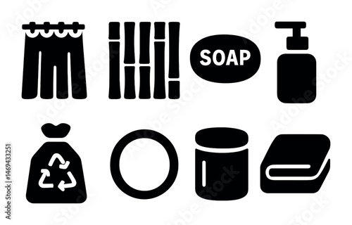 Bathroom solid icons set – filled, silhouette, bath and hygiene symbols