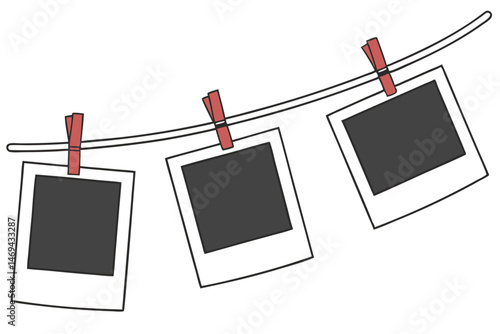 20 photo frames on rope, minimal, simple, hanging on clothesline, blank polaroid photos, realistic