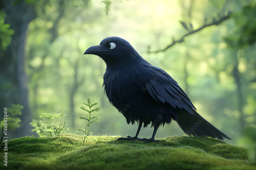 Fototapeta premium A solitary black crow stands on lush moss in a vibrant forest, surrounded by greenery