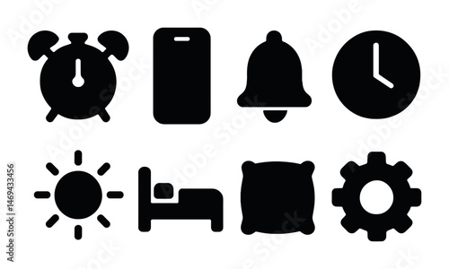 Time management solid icons set – flat, filled, schedule and stopwatch symbols