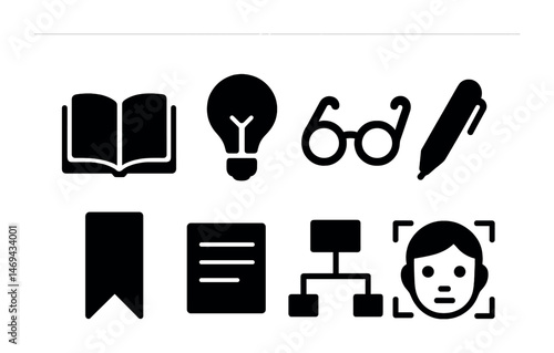 Education and learning filled icons set – book, pen, knowledge symbols