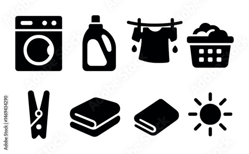 Laundry and cleaning solid icons set – filled, washing, housekeeping symbols