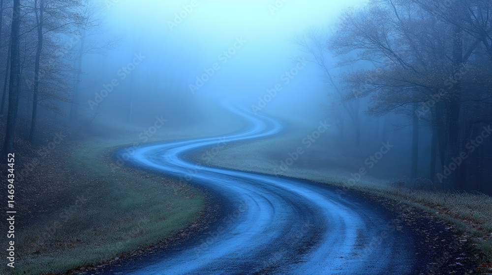 Winding road through a misty forest landscape. Winding road through a misty forest landscape.