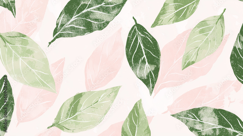 Obraz premium Green tea leaf pattern illustration with soft pastels creates calming and serene atmosphere, perfect for various design projects. blend of green and pink hues adds touch of elegance