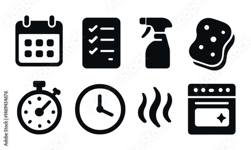 Home cleaning solid icons set – household, chores, hygiene and sanitation symbols