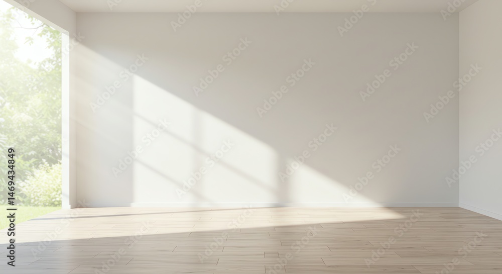Fototapeta premium Sunlit empty room with light wood floor