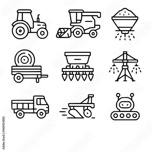 Vehicle agricultural forestry transport line icon set. Vector pictograms of skidder, trailer, irrigation, hose, seed, drill, grain, silage, fertilizer, livestock, thin linear illustration.
