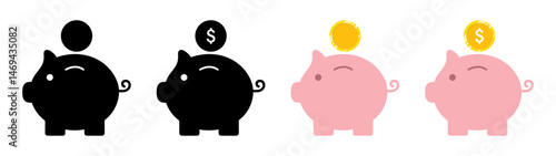 Flat piggy bank icons in pink and black with gold or black coins above, some with dollar signs. Clean design, ideal for finance, saving, budgeting, investment, or banking visuals. Icons, piggy bank.