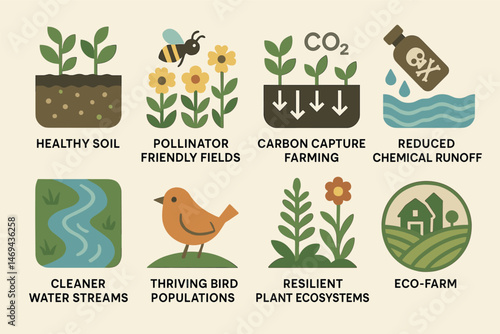 Eco-friendly farming icons set – flat, sustainable agriculture and nature symbols