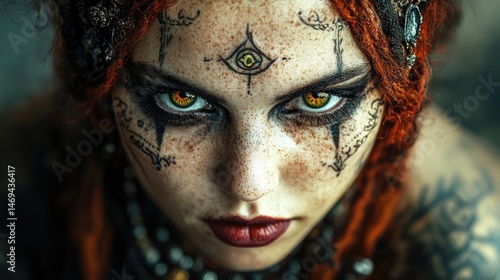 Enigmatic oracle close-up with intricate third-eye tattoo, divine wisdom, ancient mysticism.