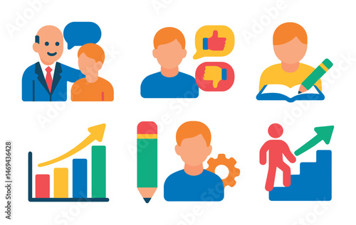 Business and success flat icons set – outline, growth, career development symbols