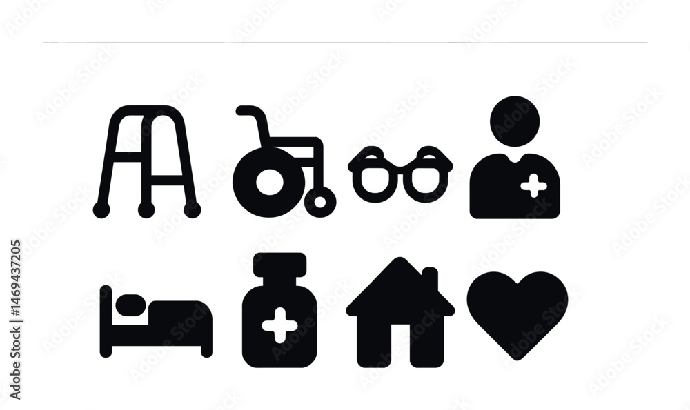Fototapeta premium Icons representing healthcare and aging support services for design and visual communication