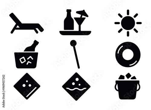Summer and leisure solid icons set – filled, vacation, beach and relaxation symbols