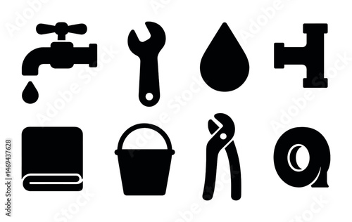 Plumbing tools solid icons set – filled, silhouette, repair and maintenance essentials