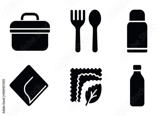 Picnic and outdoor dining solid icons set – filled, silhouette, leisure symbols