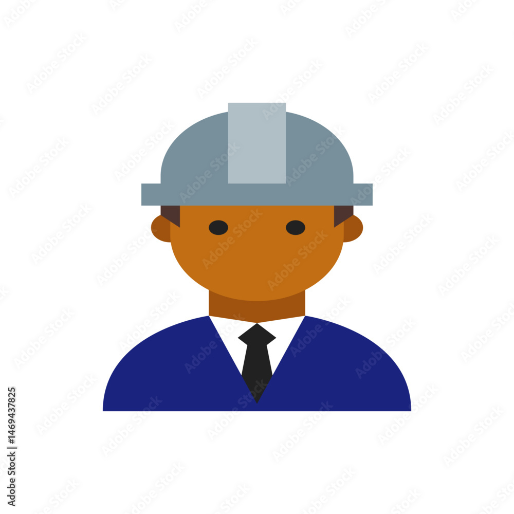 Illustration of a construction worker with a gray hard hat wearing a blue suit and a black tie icon style Illustration of a construction worker with a gray hard hat wearing a blue suit and a black tie icon style