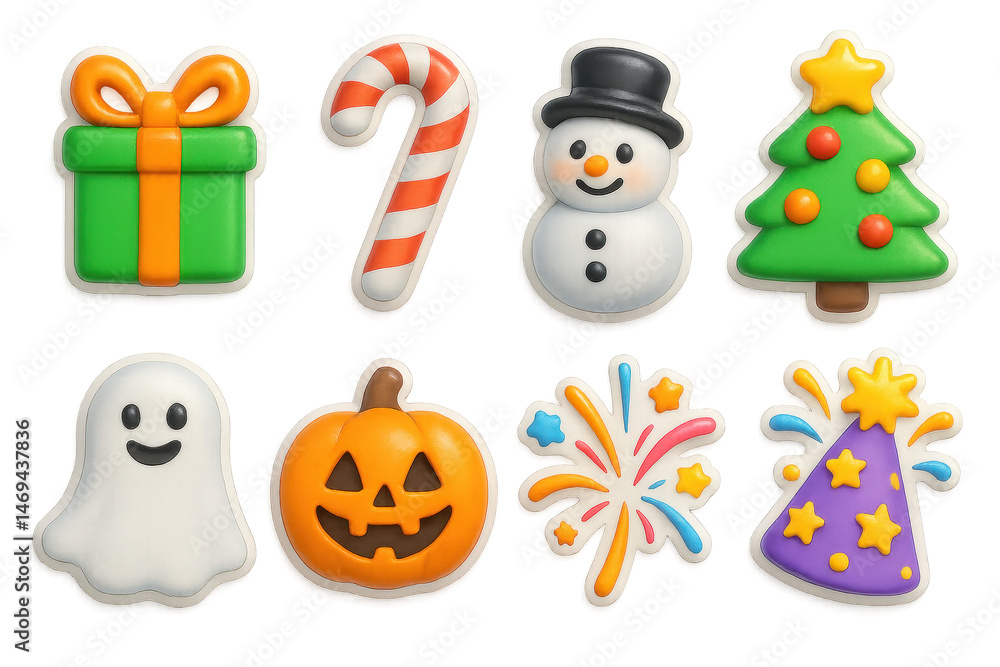 Charming holiday icons set – gift, candy cane, snowman, tree, ghost, pumpkin, fireworks, party hat. 3D icon set Charming holiday icons set – gift, candy cane, snowman, tree, ghost, pumpkin, fireworks, party hat. 3D icon set