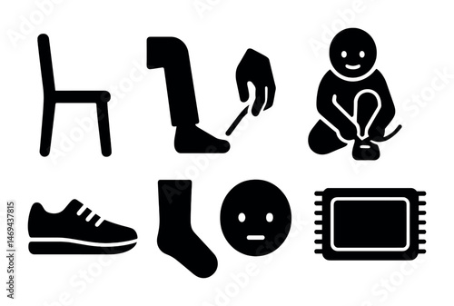 Everyday icon set: chair, shoe, sock, microchip, and expressions for design projects