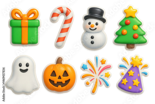 Charming holiday icons set – gift, candy cane, snowman, tree, ghost, pumpkin, fireworks, party hat. 3D icon set