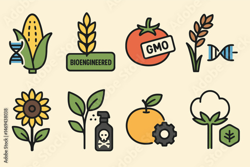 Genetically modified foods icons set – flat, line, agriculture and biotechnology symbols